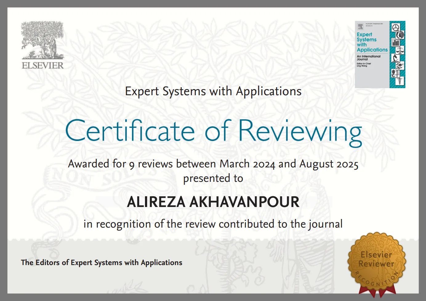 Elsevier Certificate of Reviewing - Expert Systems with Applications